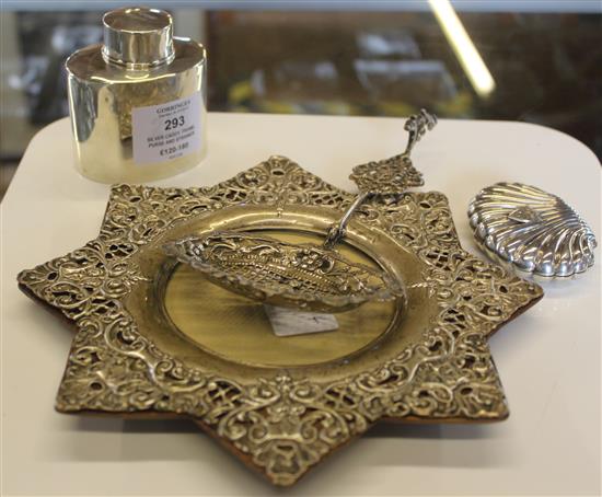 Silver caddy, frame, purse and strainer